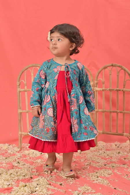 VASTRAMAY SISHU Girl's Red Anarkali Dress With Printed Jacket