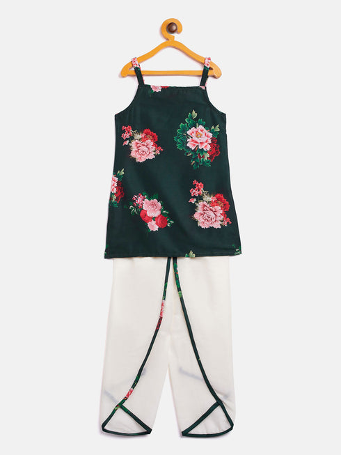 Vastramay SISHU Girls Multicolor-Base-Green Cotton Blend Kurta and Dhoti Set