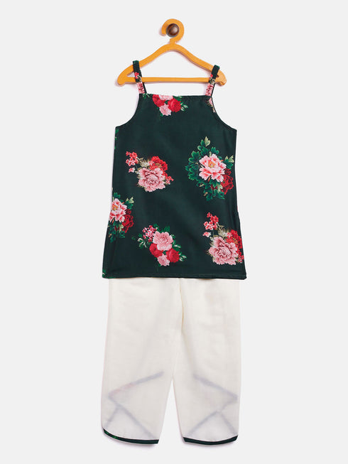 Vastramay SISHU Girls Multicolor-Base-Green Cotton Blend Kurta and Dhoti Set