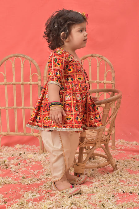 VASTRAMAY SISHU Girls Red Angrakha Style Patola Print Kurta Dhoti Set