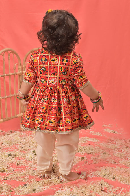 VASTRAMAY SISHU Girls Red Angrakha Style Patola Print Kurta Dhoti Set