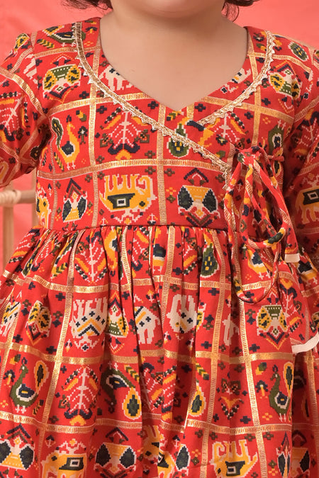 VASTRAMAY SISHU Girls Red Angrakha Style Patola Print Kurta Dhoti Set