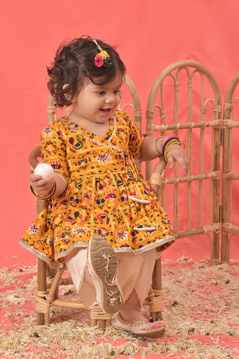 VASTRAMAY SISHU Girls Yellow Angrakha Style Patola Print Kurta Dhoti Set