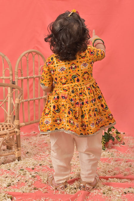 VASTRAMAY SISHU Girls Yellow Angrakha Style Patola Print Kurta Dhoti Set
