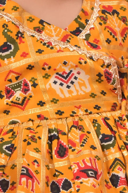 VASTRAMAY SISHU Girls Yellow Angrakha Style Patola Print Kurta Dhoti Set