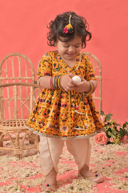 VASTRAMAY SISHU Girls Yellow Angrakha Style Patola Print Kurta Dhoti Set
