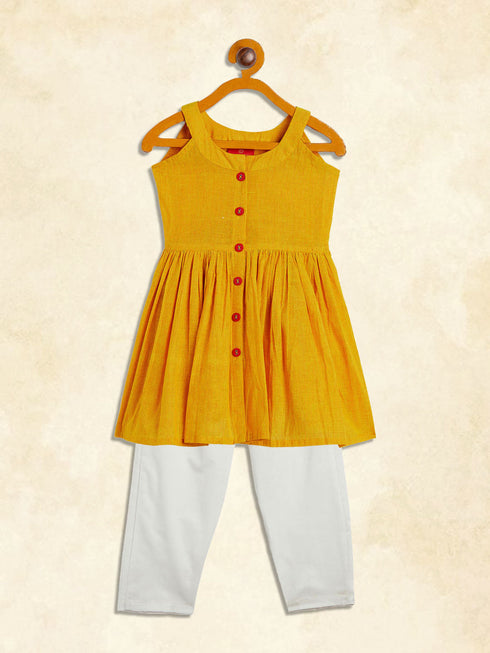 Vastramay SISHU Girl's Mustard Striped Handloom Kurta With Cream Pyjama Set