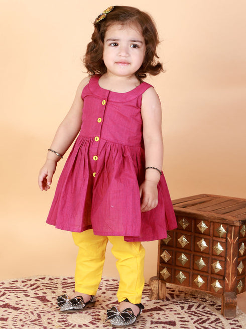 Vastramay SISHU Girl's Purple Striped Handloom Kurta With Yellow Pyjama Set