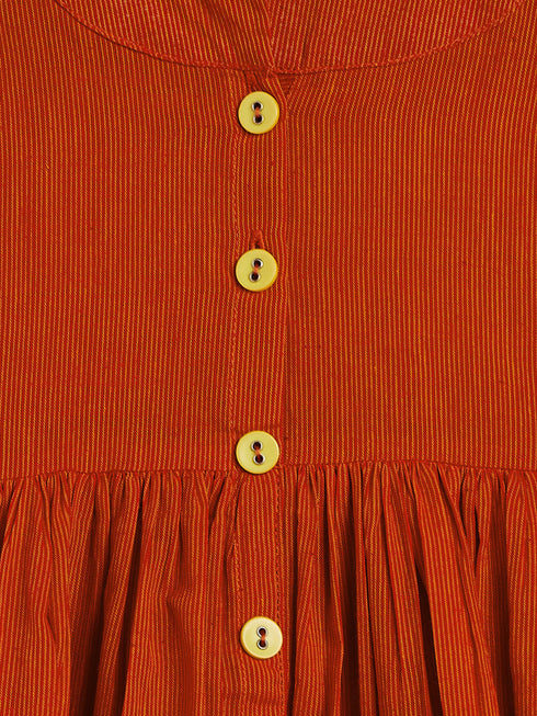 Vastramay SISHU Girl's Red Striped Handloom Kurta With Yellow Pyjama Set