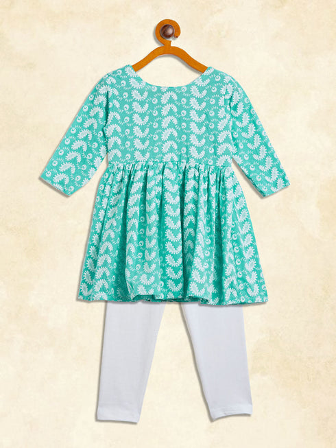 Vastramay SISHU Girl's Green And White Chikankari Kurta Leggings Set