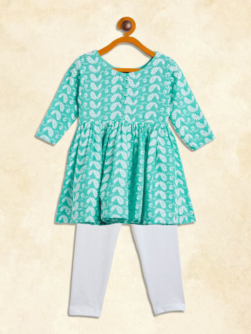 Vastramay SISHU Girl's Green And White Chikankari Kurta Leggings Set