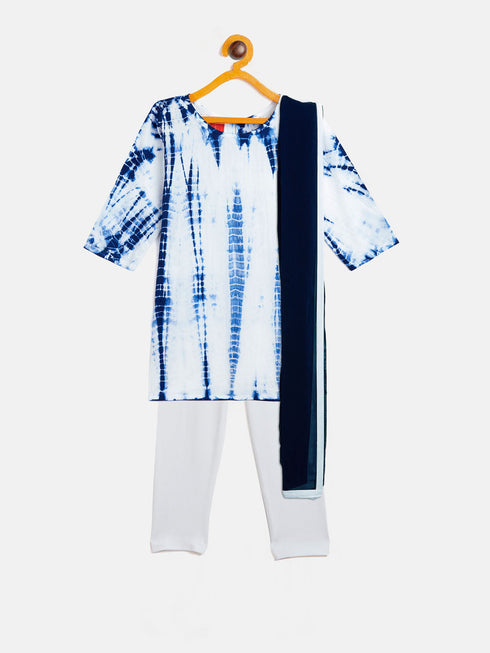Vastramay SISHU Girls Blue & White Pure Cotton Tie-Dye Kurta Leggings & Dupatta Set
