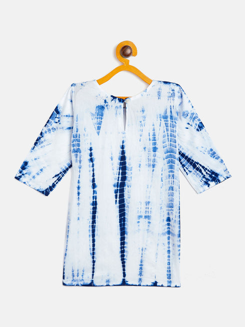 Vastramay SISHU Girls Blue & White Pure Cotton Tie-Dye Kurta Leggings & Dupatta Set