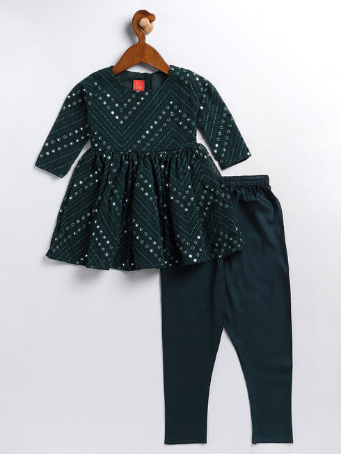 Vastramay SISHU Girl's Green Mirror Kurta Pyjama Set