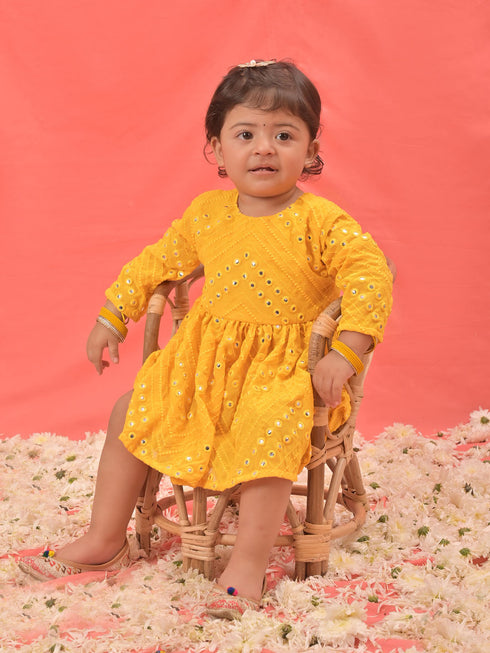Vastramay SISHU Girl's Yellow Mirror Kurta