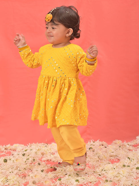 Vastramay SISHU Girl's Yellow Mirror Kurta Pyjama Set