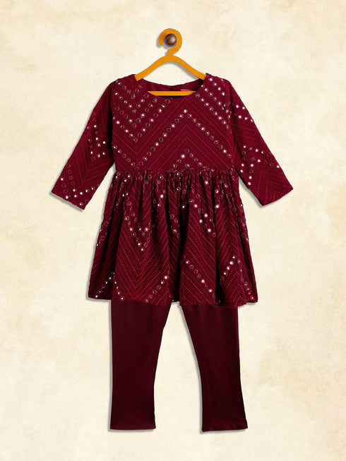 Vastramay SISHU Girl's Maroon Mirror Kurta Pyjama Set
