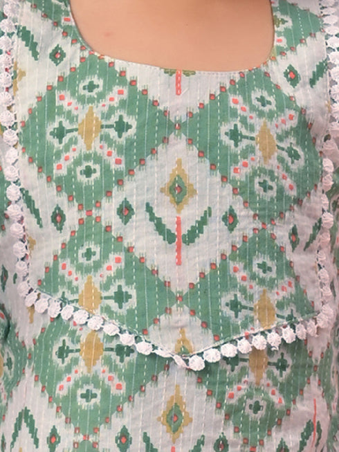 Vastramay SISHU Girls Green Ikaat print A-Line Kurta Pyjama Set