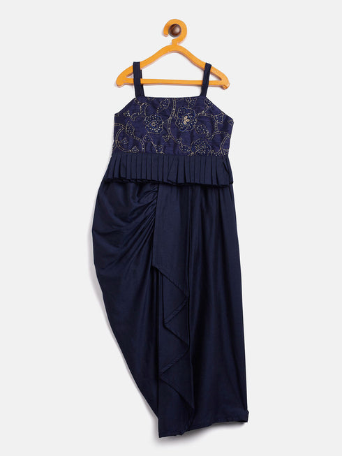 Vastramay SISHU Girl's Navy Blue Draped Skirt With Crop Top