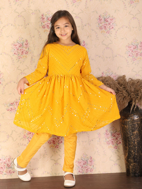 Vastramay Girl's Yellow Mirror Kurta Pyjama Set