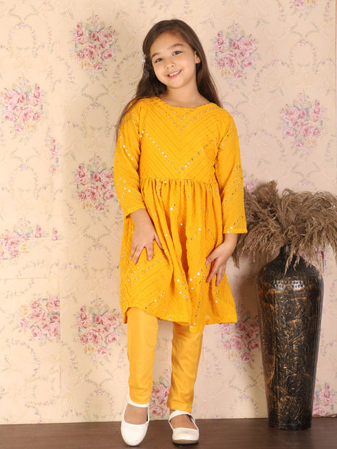 Vastramay Girl's Yellow Mirror Kurta Pyjama Set