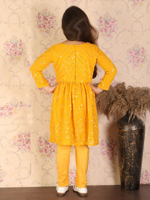 Vastramay Girl's Yellow Mirror Kurta Pyjama Set