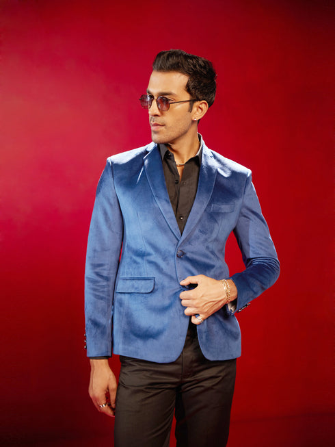 Vastramay Men's Navy Blue Velvet Fancy Blazer