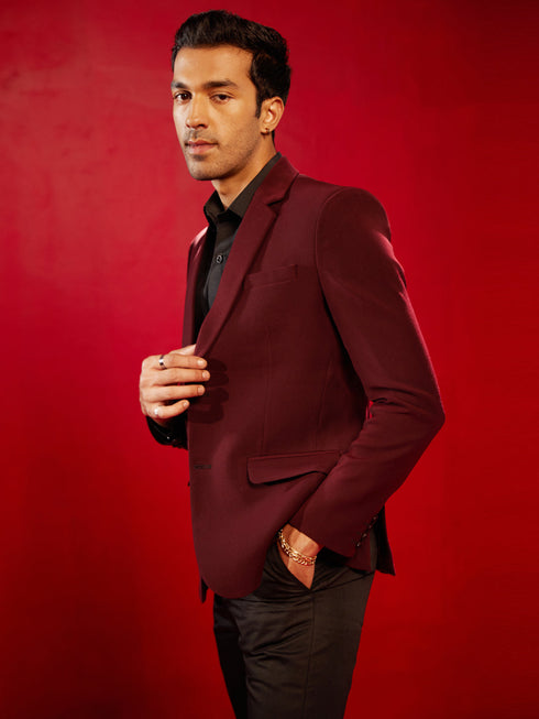 Vastramay Men's Maroon Silk Blend Blazer