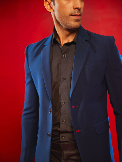 Vastramay Men's Navy Blue Silk Blend Blazer
