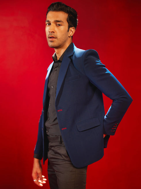 Vastramay Men's Navy Blue Silk Blend Blazer