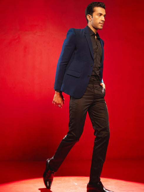 Vastramay Men's Navy Blue Silk Blend Blazer