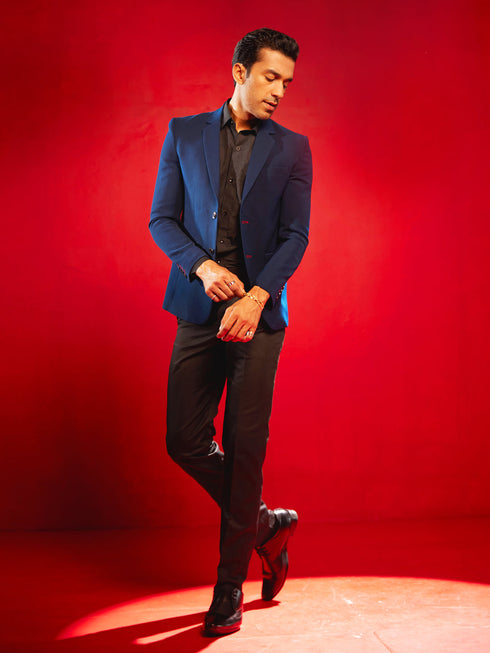 Vastramay Men's Navy Blue Silk Blend Blazer