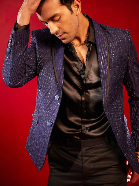 Vastramay Men's Navy Blue Silk Blend Blazer