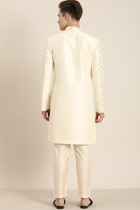 VASTRAMAY Cream Mirror Work Indo Western Baap Beta Set
