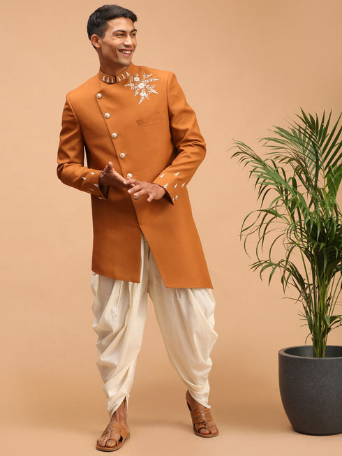 Vastramay Men's Mustard Pearl Embroidered Indo With Dhoti Set