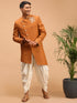 Vastramay Men's Mustard Pearl Embroidered Indo With Dhoti Set
