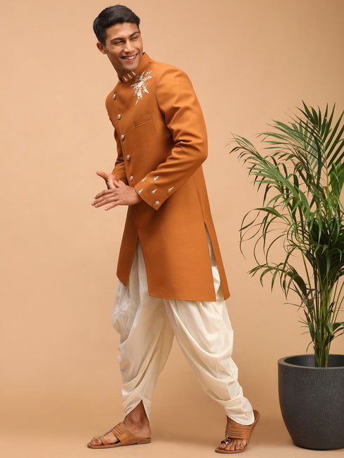 Vastramay Men's Mustard Pearl Embroidered Indo With Dhoti Set