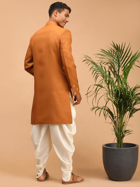 Vastramay Men's Mustard Pearl Embroidered Indo With Dhoti Set