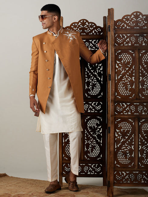 Vastramay Men's Mustard Pearl Embroidered Indo With Kurta Pant Set