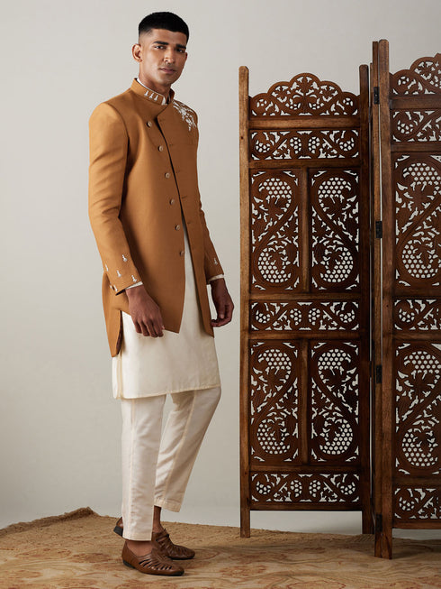 Vastramay Men's Mustard Pearl Embroidered Indo With Kurta Pant Set