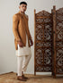 Vastramay Men's Mustard Pearl Embroidered Indo With Kurta Pant Set