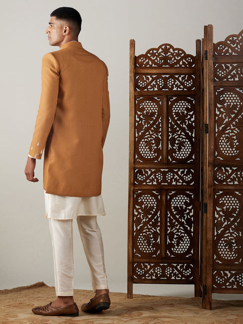 Vastramay Men's Mustard Pearl Embroidered Indo With Kurta Pant Set