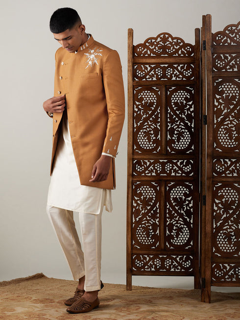 Vastramay Men's Mustard Pearl Embroidered Indo With Kurta Pant Set