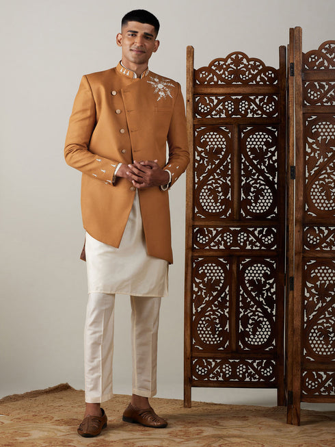 Vastramay Men's Mustard Pearl Embroidered Indo With Kurta Pant Set