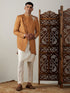 Vastramay Men's Mustard Pearl Embroidered Indo With Kurta Pant Set