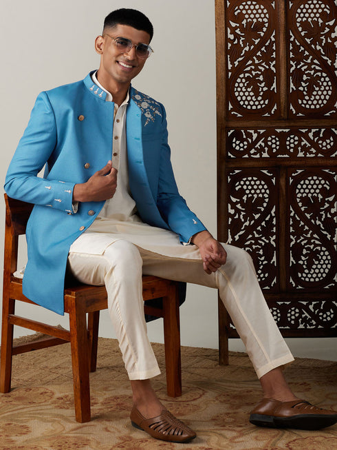 Vastramay Men's Turquoise Blue Pearl Embroidered Indo With Kurta Pant Set