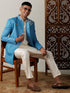 Vastramay Men's Turquoise Blue Pearl Embroidered Indo With Kurta Pant Set