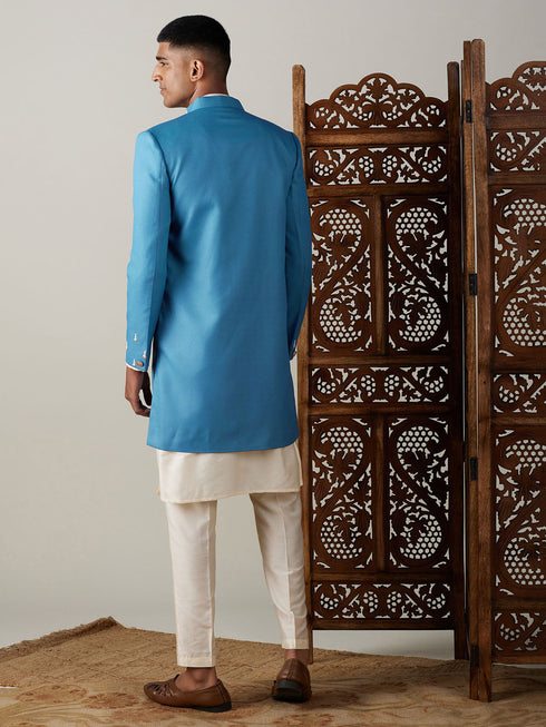 Vastramay Men's Turquoise Blue Pearl Embroidered Indo With Kurta Pant Set