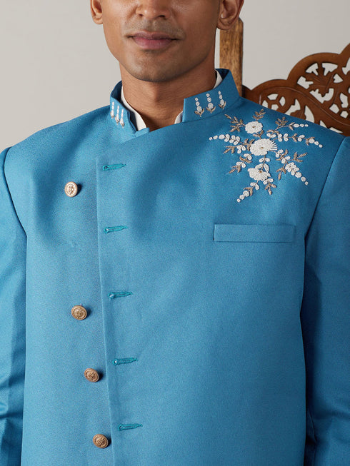 Vastramay Men's Turquoise Blue Pearl Embroidered Indo With Kurta Pant Set