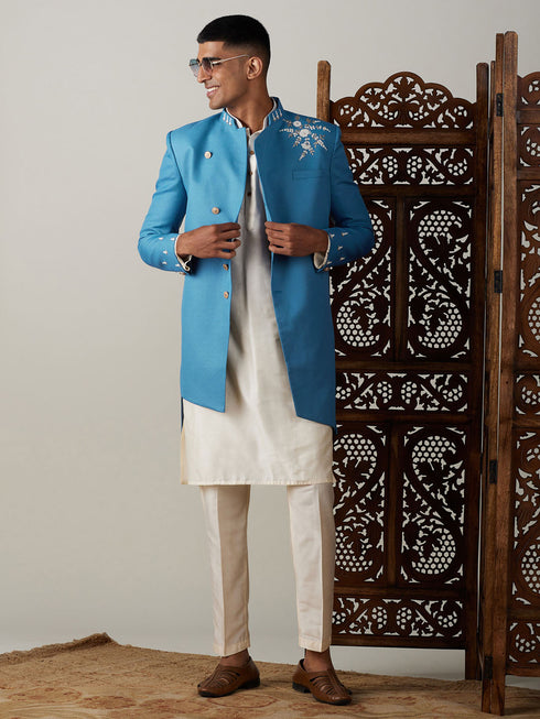 Vastramay Men's Turquoise Blue Pearl Embroidered Indo With Kurta Pant Set